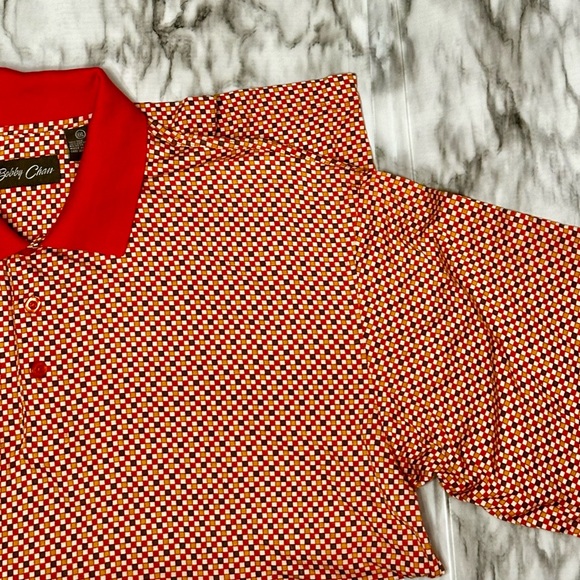 Bobbie Chan Mens Sz XXL Silk Blend Golf Polo Shirt Orange Check Blokecore Gramps - Picture 2 of 10